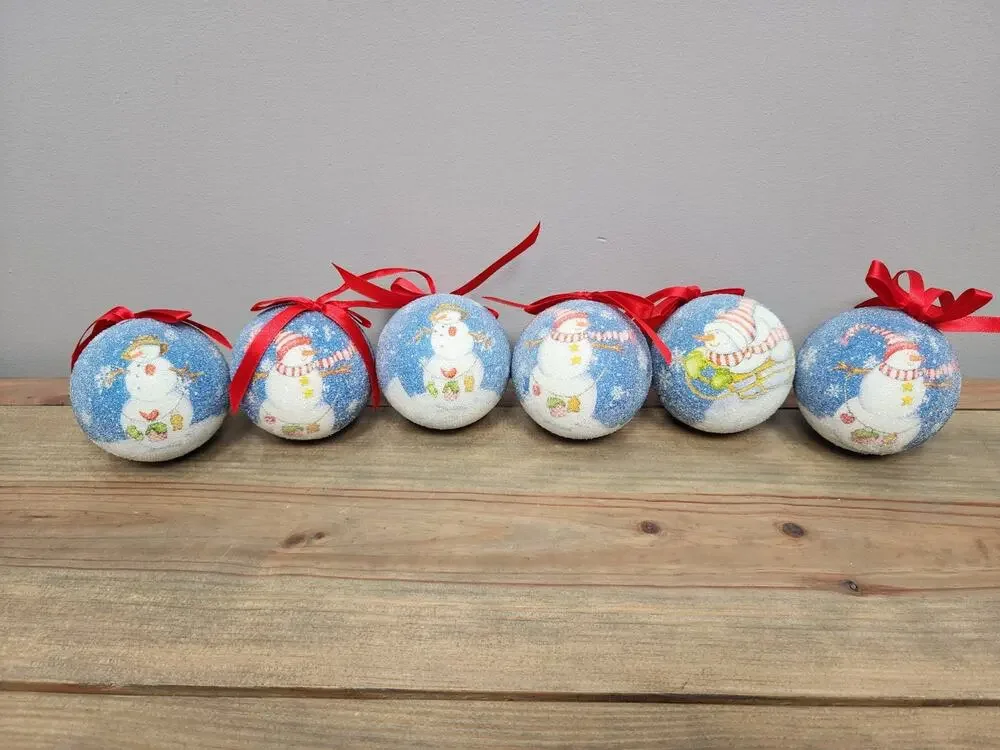 Vintage Sugar Coated Christmas Tree Ornaments Red Ribbon Snowman Lot Of 6